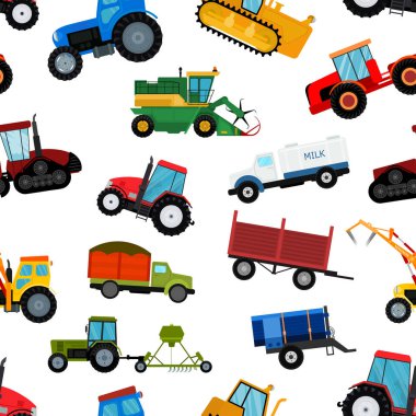 Tarım Traktör Makine Sanayi çiftlik ekipman hasat makinesi Traktörler birleştirir ve çiftçiler makine Ekskavatör illüstrasyon Dikişsiz desen arka plan vektör