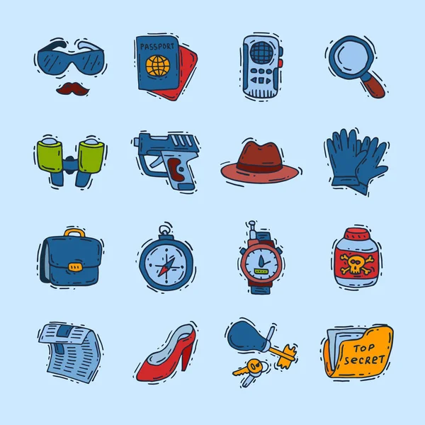 Spion Icons Vektor Cartoon Detektiv Set Mafia Agent Fernglas oder Spion-Glas für Spionage oder geheime Untersuchung Illustration isoliert auf weißem Hintergrund — Stockvektor