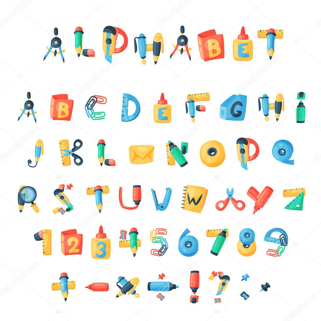 Alphabet stationery letters vector abc font alphabetic icons of office supply and school tools accessories for education pencil or pen alphabetically isolated on white background illustration