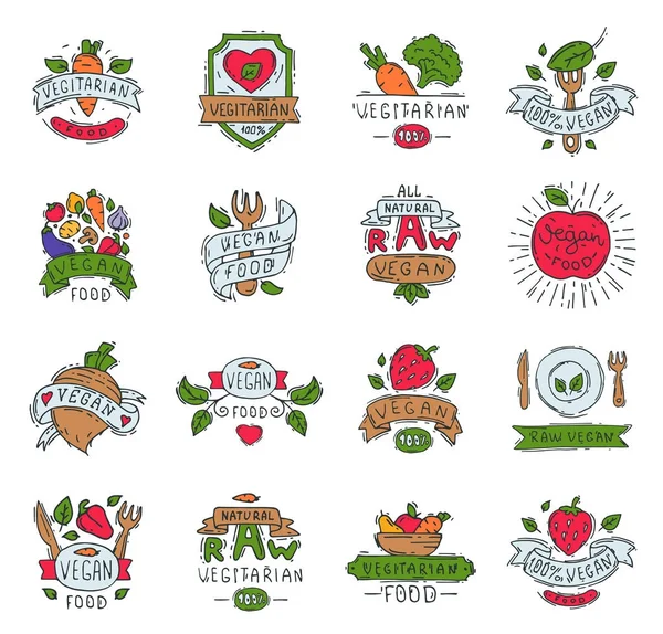 Vegetarisch Lebensmittel Vektor Logo Symbol vegane Öko Bio-Bauernhof-Produkte veggie Health-Food-Abzeichen Hand gezeichnet Bio gesund Logotyp Set Illustration isoliert auf weißem Hintergrund — Stockvektor