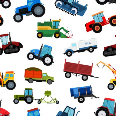 Tarım Traktör Makine Sanayi çiftlik ekipman hasat makinesi Traktörler birleştirir ve çiftçiler makine Ekskavatör illüstrasyon Dikişsiz desen arka plan vektör