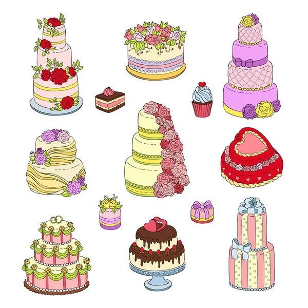 Ensemble de gâteau de mariage illustration vectorielle mariée fête anniversaire gâteau décorations crème dessert avec des fleurs pour mariage isolé sur blanc . — Image vectorielle