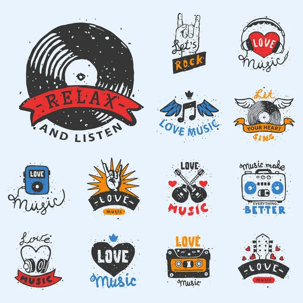 Set vintage muzikale etiketten hand getekende sjablonen liefde muzikale elementen voor ontwerp, vectorillustratie. — Stockvector