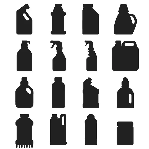 Botellas de productos químicos para el hogar suministros limpieza tareas domésticas silueta negro líquido líquido líquido limpiador paquete vector ilustración . — Vector de stock