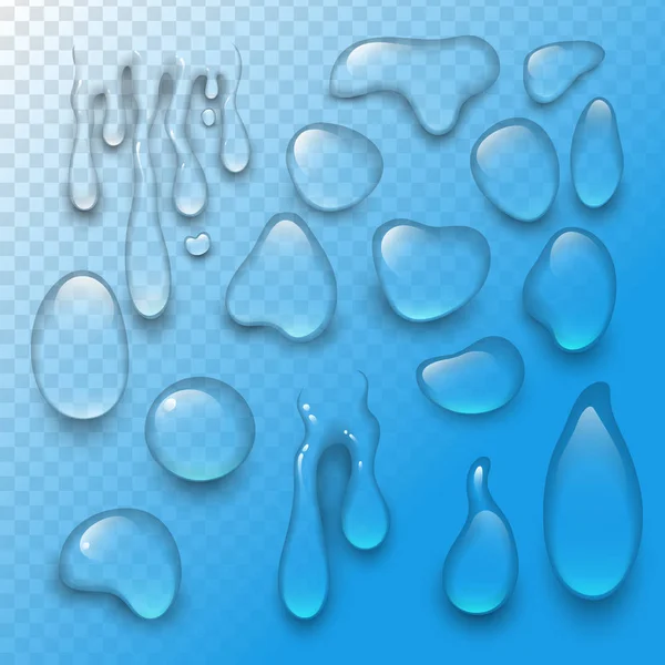 Vecteur réaliste gouttes d'eau gouttes de pluie liquide transparent 3d vague réaliste illustration bleue — Image vectorielle