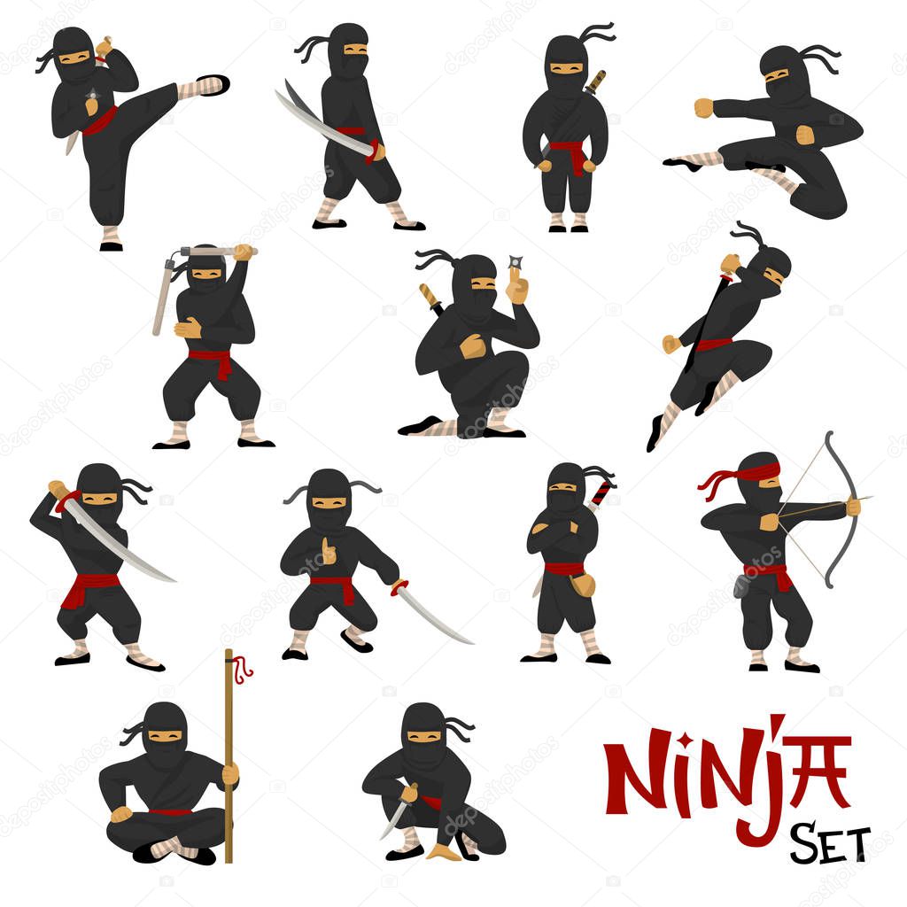 Ninja vector warrior set of cartoon character ninjitsu in various poses samurai in fighting action isolated on white background