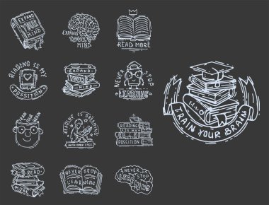 Motivasyon teklif ifadeler rozet logo kabarcık kitap vektör Illustration üzerinde okuma seviyorum.