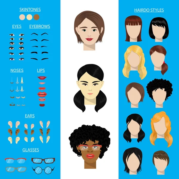 Vrouw gezicht constructor vector instellen vrouwelijke personage avatar oprichting hoofd oren lippen neus ogen wenkbrauwen kapsel Aziatische African American gezicht elementen bouw illustratie geïsoleerd. — Stockvector