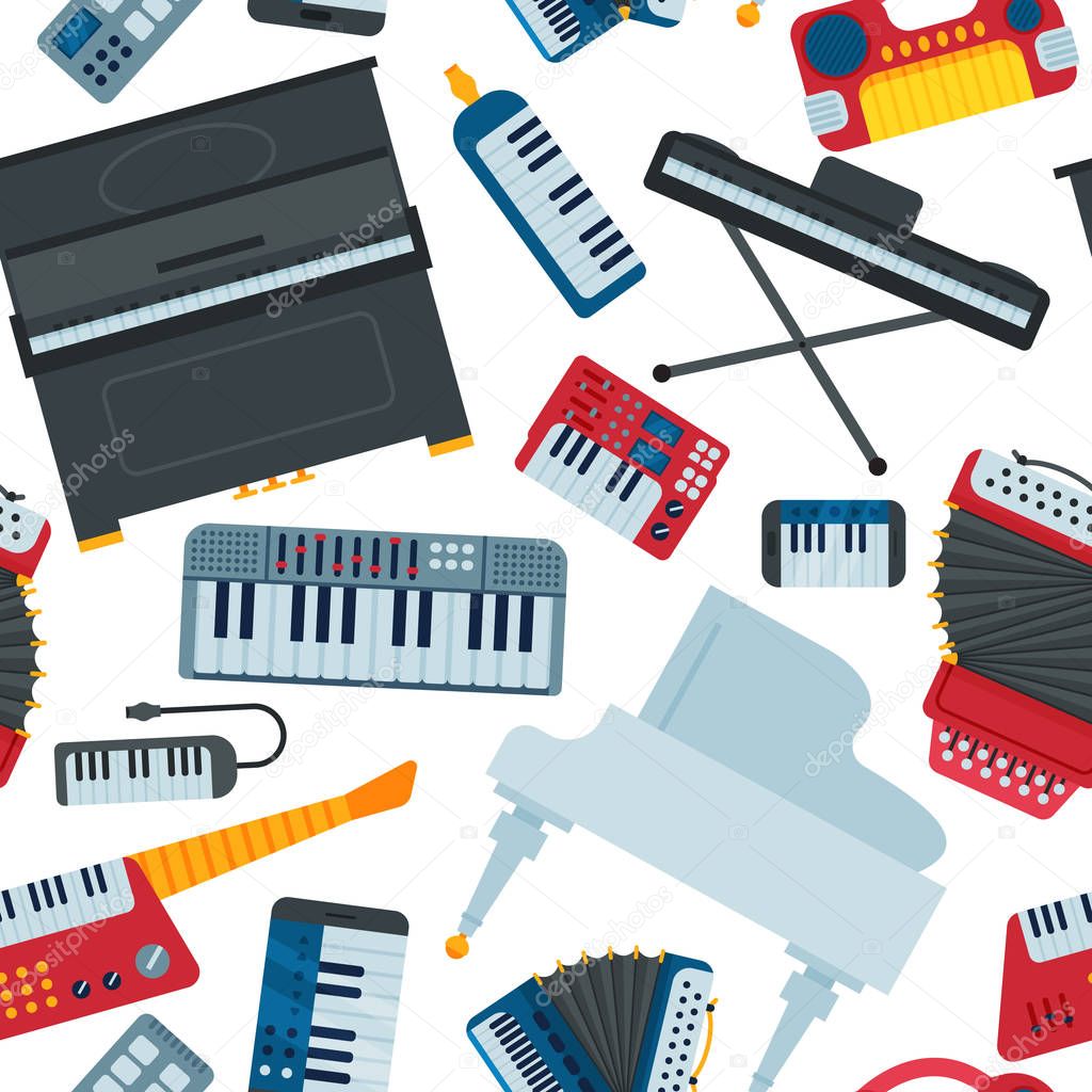 Keyboard piano music vector instruments musician equipment and orchestra piano composer electronic sound musician illustration seamless pattern background