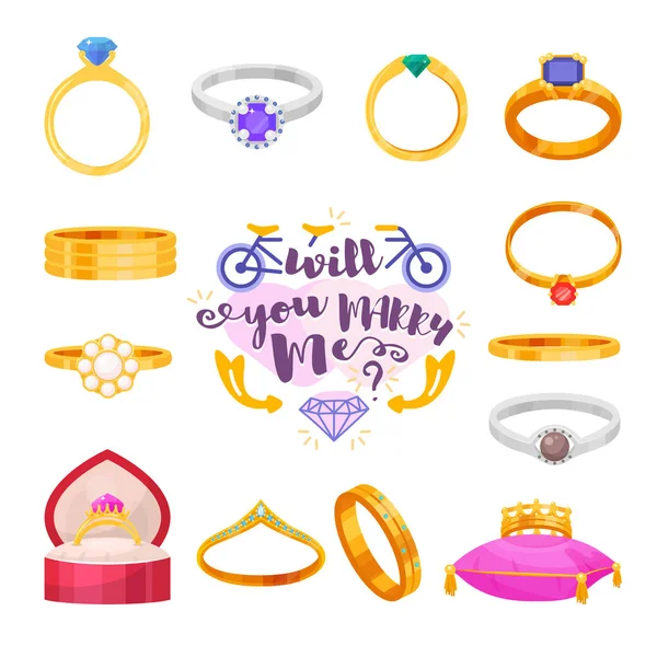 Anillos de boda vector conjunto compromiso símbolo oro plata joyería para la propuesta matrimonio matrimonio signo casarse conmigo letras ilustración aislada sobre fondo blanco . — Archivo Imágenes Vectoriales