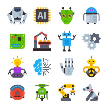 Robot simgeler vektör logo robot makine teknolojisi robocop çizgi film karakteri AI yapay zeka robotechnic illüstrasyon izole beyaz arka plan üzerinde ayarla.