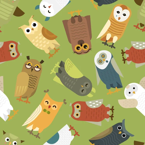 Uilen vector cartoon schattige vogel instellen owlet teken kinderen dierlijke baby kunst voor kinderen uilachtig collectie geïsoleerd op achtergrond naadloze patroon achtergrond — Stockvector