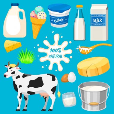 Doğal gıda kalsiyum süt dairying üretim peynir yoğurt yazlık ve ekşi krema veya süt çiftliği illüstrasyon izole mavi arka plan üzerinde dondurma inek süt süt ürünleri vektör