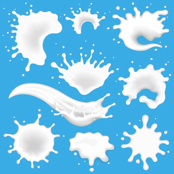 Γάλα πιτσιλιές διάνυσμα γαλακτώδες σταγόνα πιτσίλισμα κρέμα ή γιαούρτι και χύνεται εικονογράφηση πιτσιλιές από υγρά που απομονώνονται σε μπλε φόντο — Διανυσματικό Αρχείο