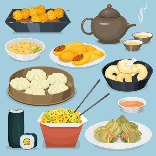 Kinesiska traditionen mat maträtt läckra rätter Asien middag måltid Kina lunch tillagad vektorillustration — Stock vektor