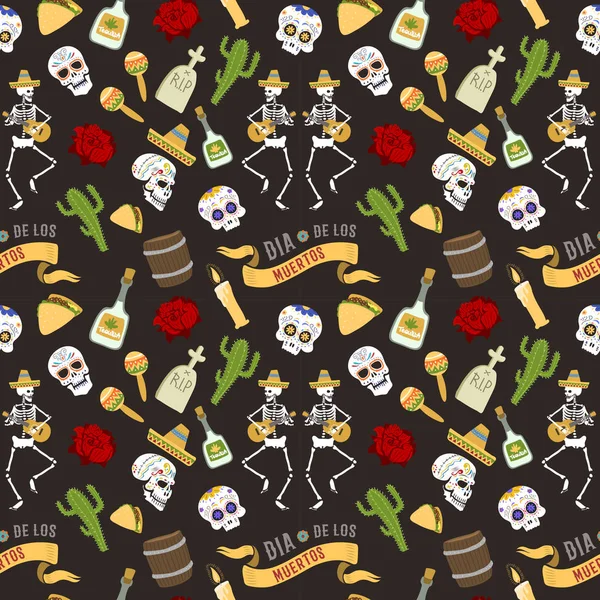 Kleurrijke symbolen voor Dia de Los muertos-dag van de dode dag vector naadloze patroon achtergrond — Stockvector