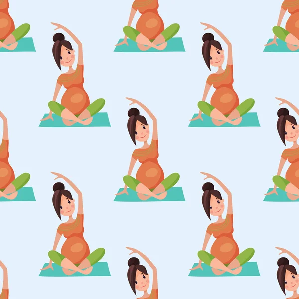 Embarazo maternidad yoga mujer embarazada patrón sin costuras vida del personaje con gran ilustración del vector del vientre — Vector de stock