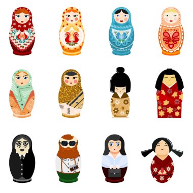 Bebek matryoshka vektör matrioshka Rus oyuncak geleneksel sembolü farklı ülkeden turist Japon Arap illüstrasyon izole beyaz zemin üzerine Rusya Ulusal matreshka