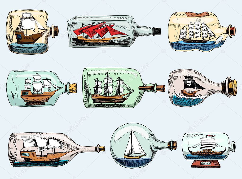 Ship in bottle vector boat in miniature gifted sail souvenir in glass sailboat with cork or shipping in flask isolated on the white background