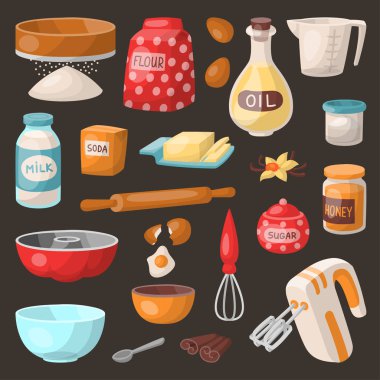 Pasta pişirme vektör malzemeler kek yapma kek yemek pişirme hazırlamak mutfak mutfak eşyaları ev yapımı yiyecek hazırlama tasarlayacağım illüstrasyon kase, şeker, toz