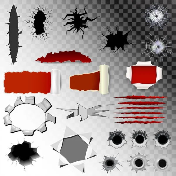 Kratzeinschusslöcher Vektor der Schreckschusspistole Gewehrschuss in durchlöchertem Metallscheibenbruch und Kratzspuren der Klaue der Tiere isoliert auf schwarzem, transparentem Hintergrund Illustration — Stockvektor