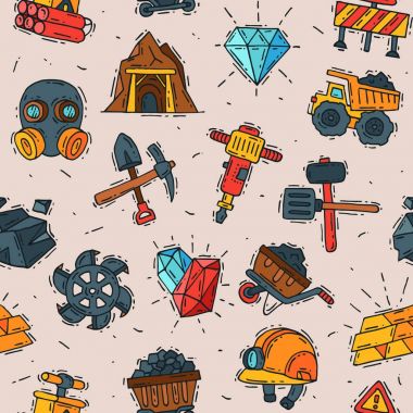 Kömür vektör madencilik mühendislik sanayi iş iş inşaat fabrika satır mayın simgeleri illüstrasyon kamyon, kömür, madenci araçları Dikişsiz desen arka plan gibi futbol simgelerle