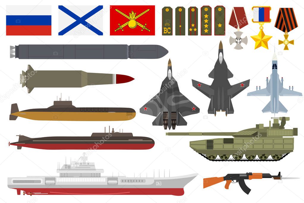 Russian army military vector armored aviation airplanes with weapon armed submarine ship and set of shoulder straps or decoration awards flags illustration isolated on white background