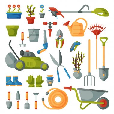 Bahçe aracı vektör bahçe ekipmanları tırmık veya kürek ve çim biçme makinesi çiftçi koleksiyonu veya çiftçilik seti örnekleme beyaz arka plan izole