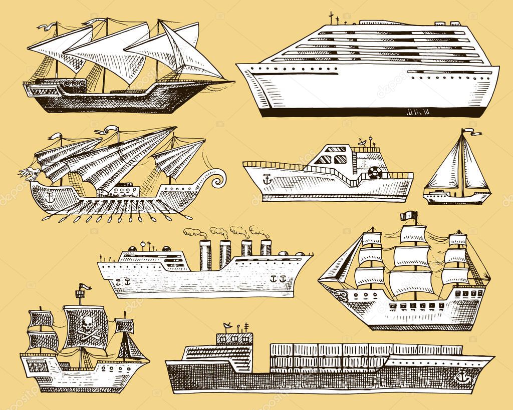 Ship vector boat vessel sailboat cruise liner or passenger steamship and powerful speedboat or motorboat submarine and yacht set illustration isolated on background