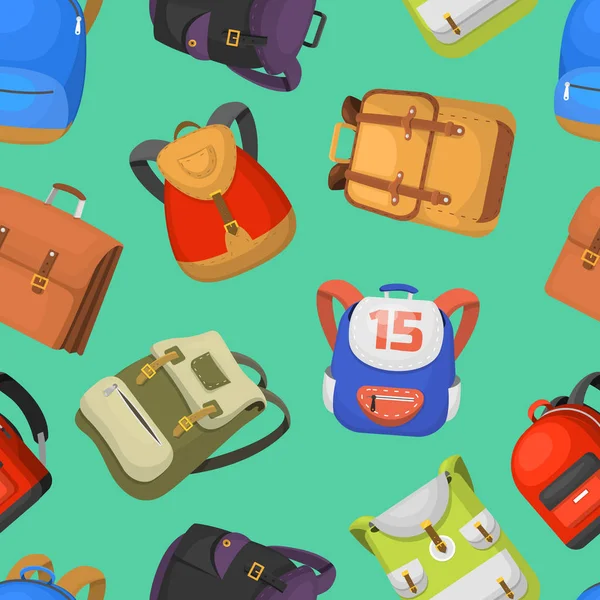Cartoon kids school bags vector backpack Voltar à escola mochila conjunto ilustração sem costura padrão fundo — Vetor de Stock