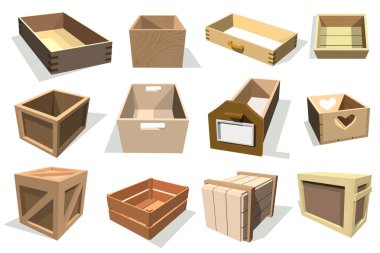 Box package vector wooden empty drawers and packed boxes or packaging crates with wood crated containers for delivery or shipping set illustration isolated on white background clipart