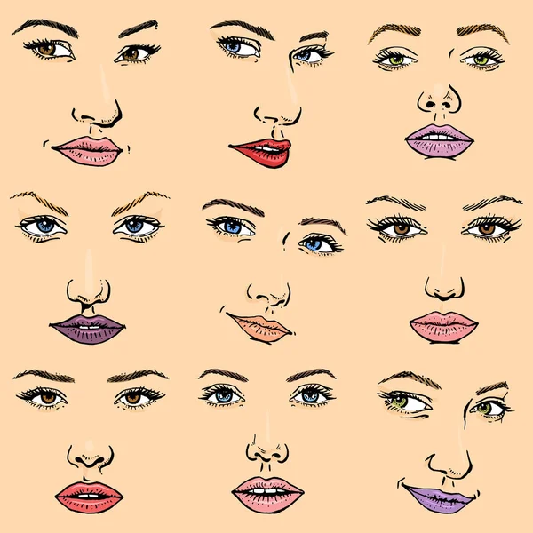 Mujer cara vector retrato facial femenino de la muchacha hermosa cara de la moda cuidado y mujeres hermosas frente a maquillaje conjunto ilustración aislado en el fondo — Vector de stock