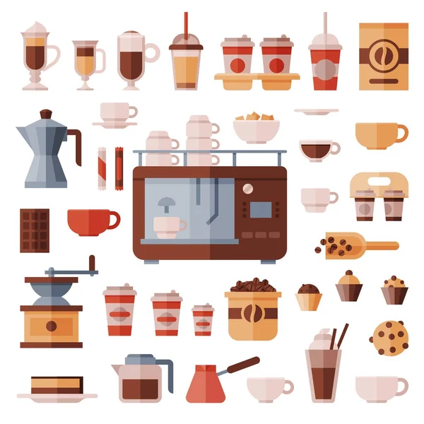 Set de café vector coffeemachine con tazas de café para café expreso caliente o capuchino y bebidas con cafeína en tazas de plástico para llevar en ilustración coffeeshop aislado sobre fondo blanco — Vector de stock