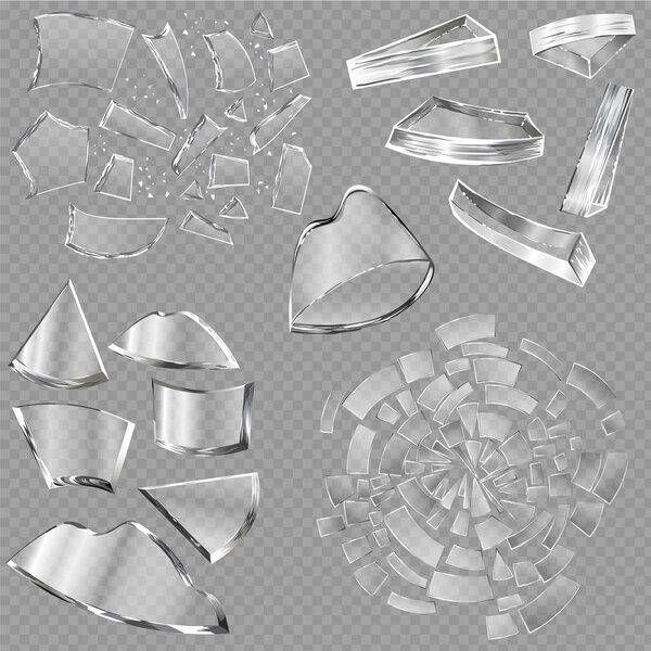Broken glass vector sharp pieces of window and realistic shattered glassware or shattering debris of breaking mirror isolated on transparent background illustration backdrop