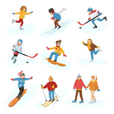 Kış vektör spor etkinliği insanlar oyunları çizgi film Bayanlar baylar soğuk sporcular kış mutlu illüstrasyon izole tatil insanlar tatil spor aktivite Kayak, gökyüzü, hokey ve snowboard eğlenceli