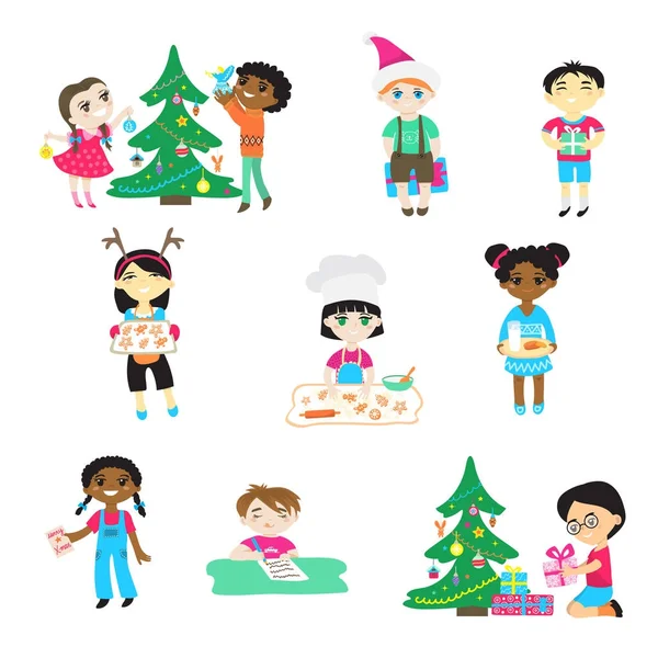 Crianças no vetor de Natal personagens de desenhos animados meninos e meninas em Santa chapéu brincar com as crianças decorar árvore de xmas e presentes na sala de bebês para celebrar férias de inverno cozinhar biscoitos ilustração isolado —  Vetores de Stock