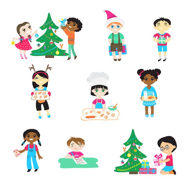 Kids on Christmas vector cartoon characters boys and girls in Santa hat play with children decorate xmas tree and gifts in babyroom for celebrating Winter holiday cook cookies illustration isolated