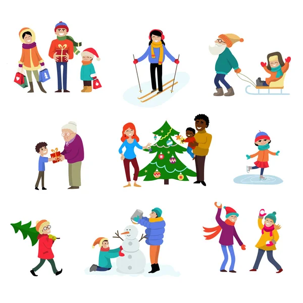 Invierno vacaciones vector dibujos animados personajes familiares niños juegan en invierno con árbol de Navidad y regalos para celebrar la Navidad ilustración familiar vacaciones aisladas personas en la actividad deportiva skate de esquí — Archivo Imágenes Vectoriales