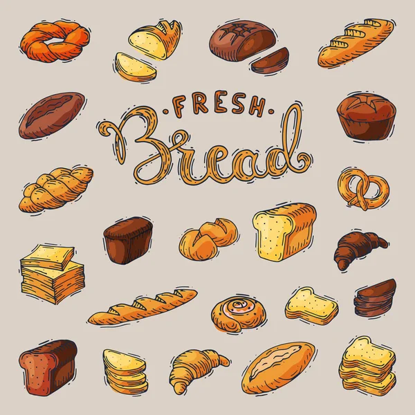 Bakkerij breadstuff vector bakken brood brood of stokbrood gebakken door Bakker in bakkerij instellen illustratie geïsoleerd op achtergrond — Stockvector