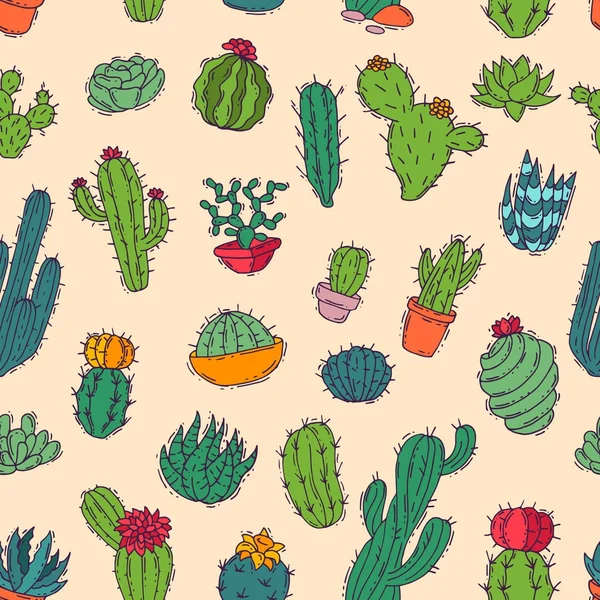 Cactus vetor casa natureza artesanal ilustração de cacto verde em arco planta árvore cactácea com flor diferentes tipos e design casa planta sem costura padrão fundo — Vetor de Stock