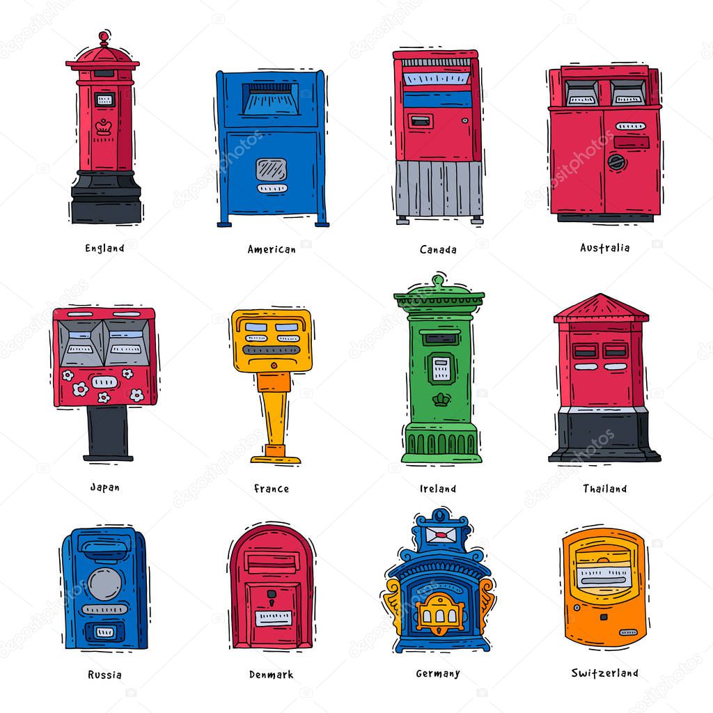 Mail box vector post mailbox or postal letterbox of England America Europe or Asia mailer and postboxes for delivery mailed letters to various countries set illustration isolated on white background