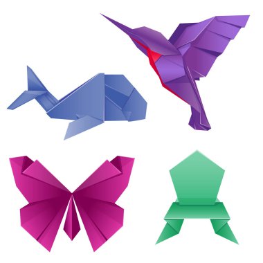 Japon katlanmış modern yaban hayatı hobi sembol yaratıcı dekorasyon vektör çizim hayvanlar origami ayarla.