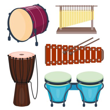 Müzikal ahşap ritim müzik enstrüman serisi bateri, perküsyon vektör çizim