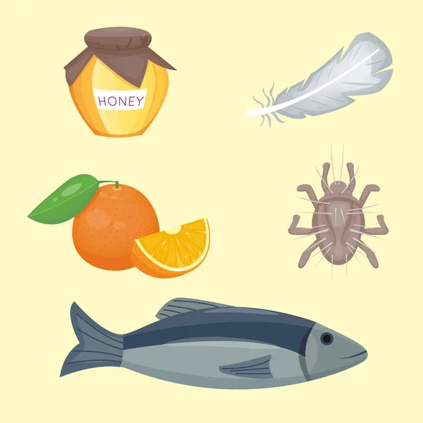 Alergia símbolos enfermedad salud alimentos virus salud enfermedad plana síntomas alérgenos enfermedad información vector ilustración . — Archivo Imágenes Vectoriales