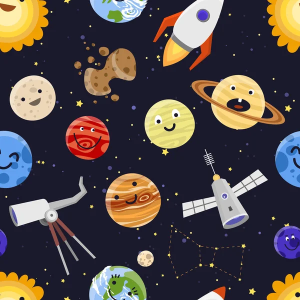 Planetas espaciales sistema solar astrología patrón inconsútil fondo vector ilustración — Archivo Imágenes Vectoriales