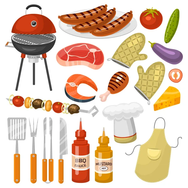 Grillfest-produkter BBQ grilling av kjøkkenutstyr til utendørs bruk i familietid - illustrasjon av vektorikoner – stockvektor
