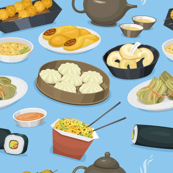Chinese traditie voedsel schotel heerlijke gerechten Azië diner maaltijd china naadloze patroon achtergrond vectorillustratie — Stockvector