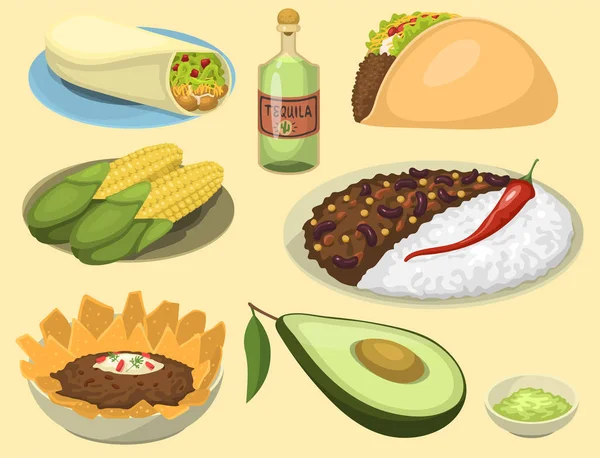 Platos de comida mexicana comida tradicional comida aislada salsa mexicana cocina vector ilustración — Archivo Imágenes Vectoriales