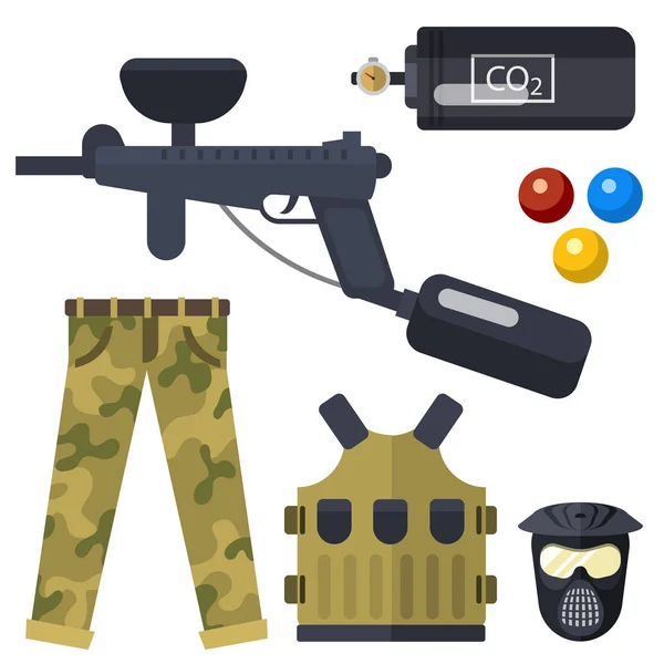 Paintball clube símbolos ícones proteção uniforme e esporte jogo design elementos equipamentos alvo vetor ilustração — Vetor de Stock