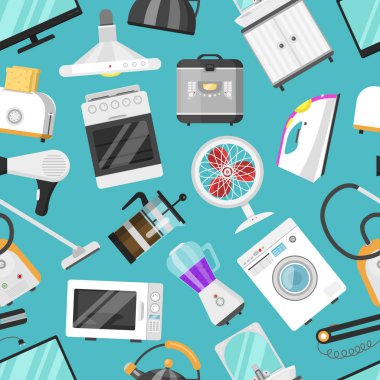 Elektronik ev aletleri mutfak homeappliance evi set buzdolabı ya da çamaşır makinesi elektrikli Dükkanı elektrik süpürgesi appliancestore illüstrasyon Dikişsiz desen arka planda vektör